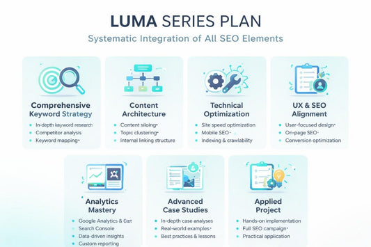 LUMA Series Plan for SEO elements with icons and text on a light blue background