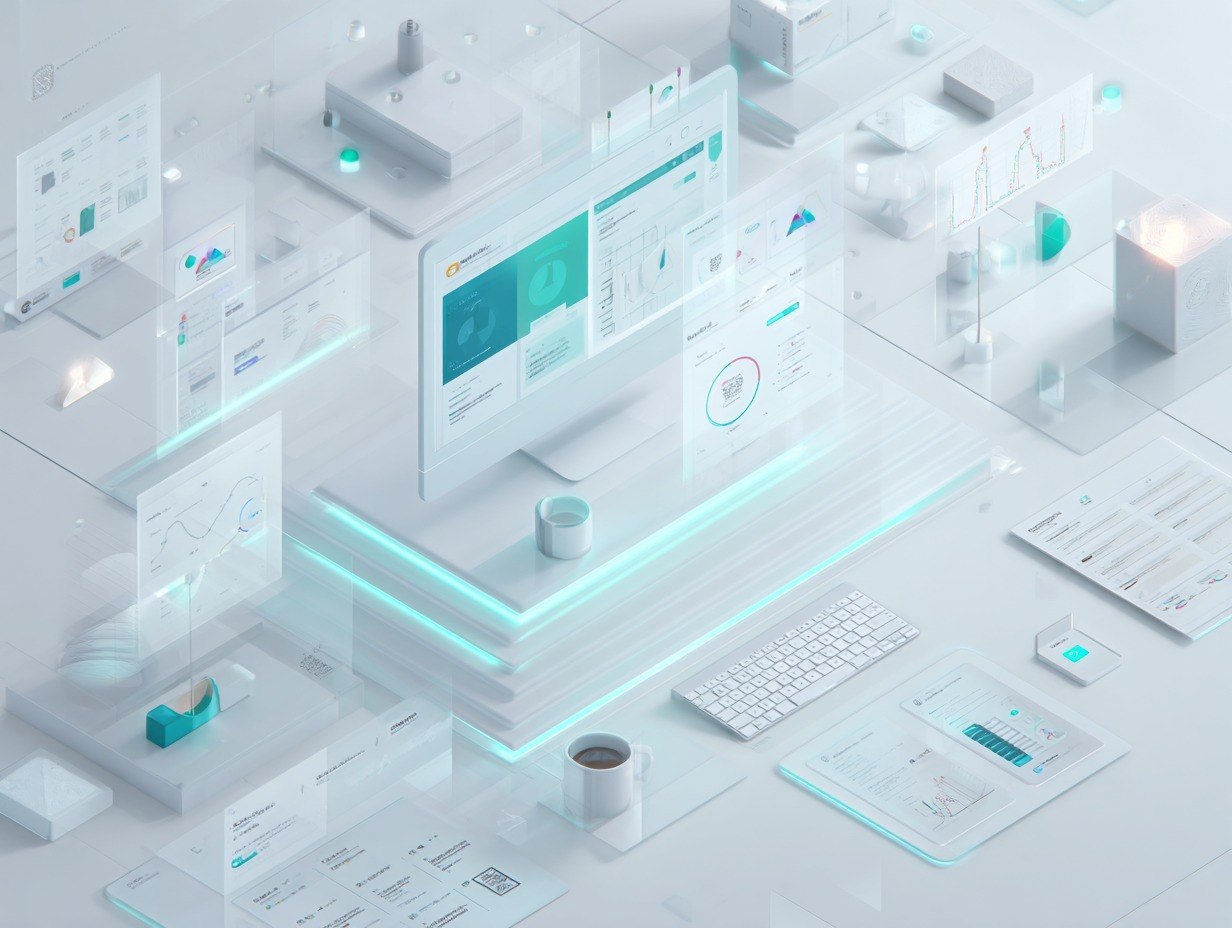 Isometric illustration of a modern office setup with computers and office supplies.