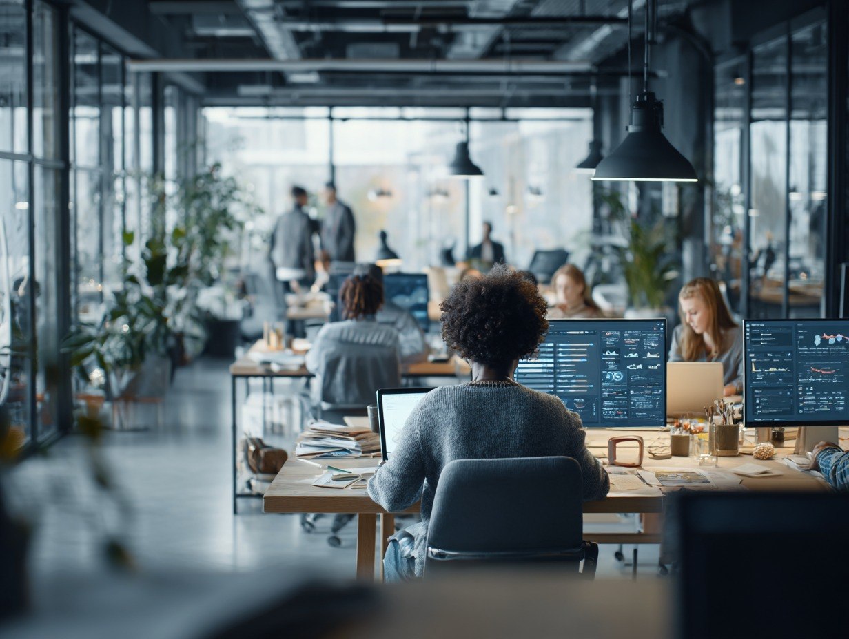 Modern office with people working at desks with multiple computer monitors.