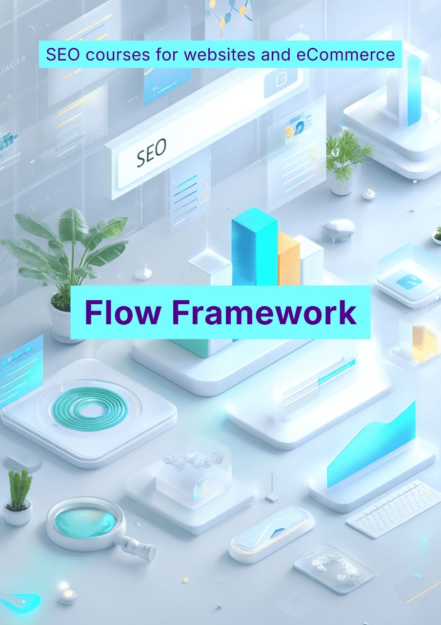 Flow Framework for SEO courses on websites and eCommerce with a futuristic design.