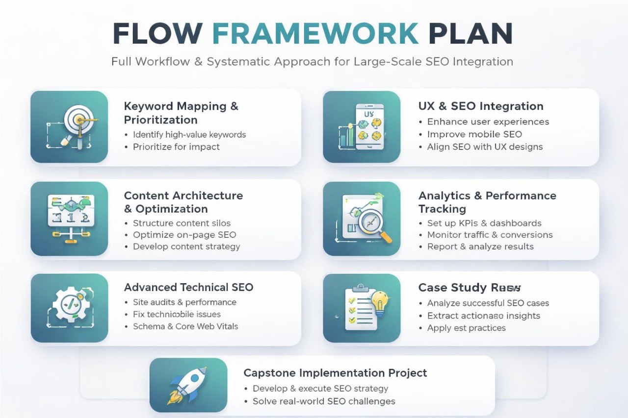 Flow framework plan for large-scale SEO integration with icons and text on a white background