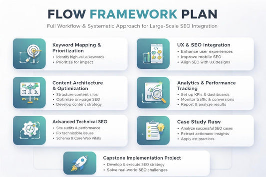 Flow framework plan for large-scale SEO integration with icons and text on a white background