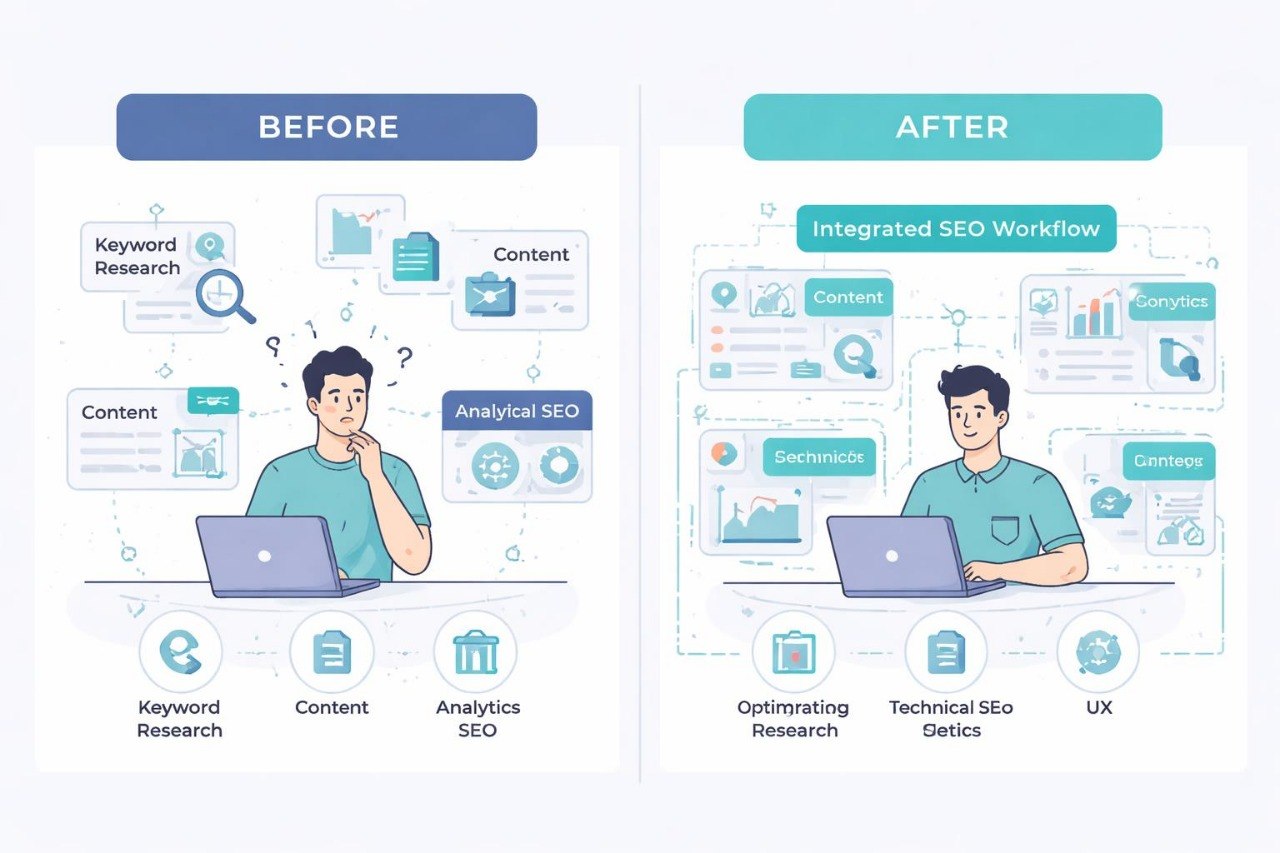 Before and after comparison of SEO workflow with a person using a laptop.