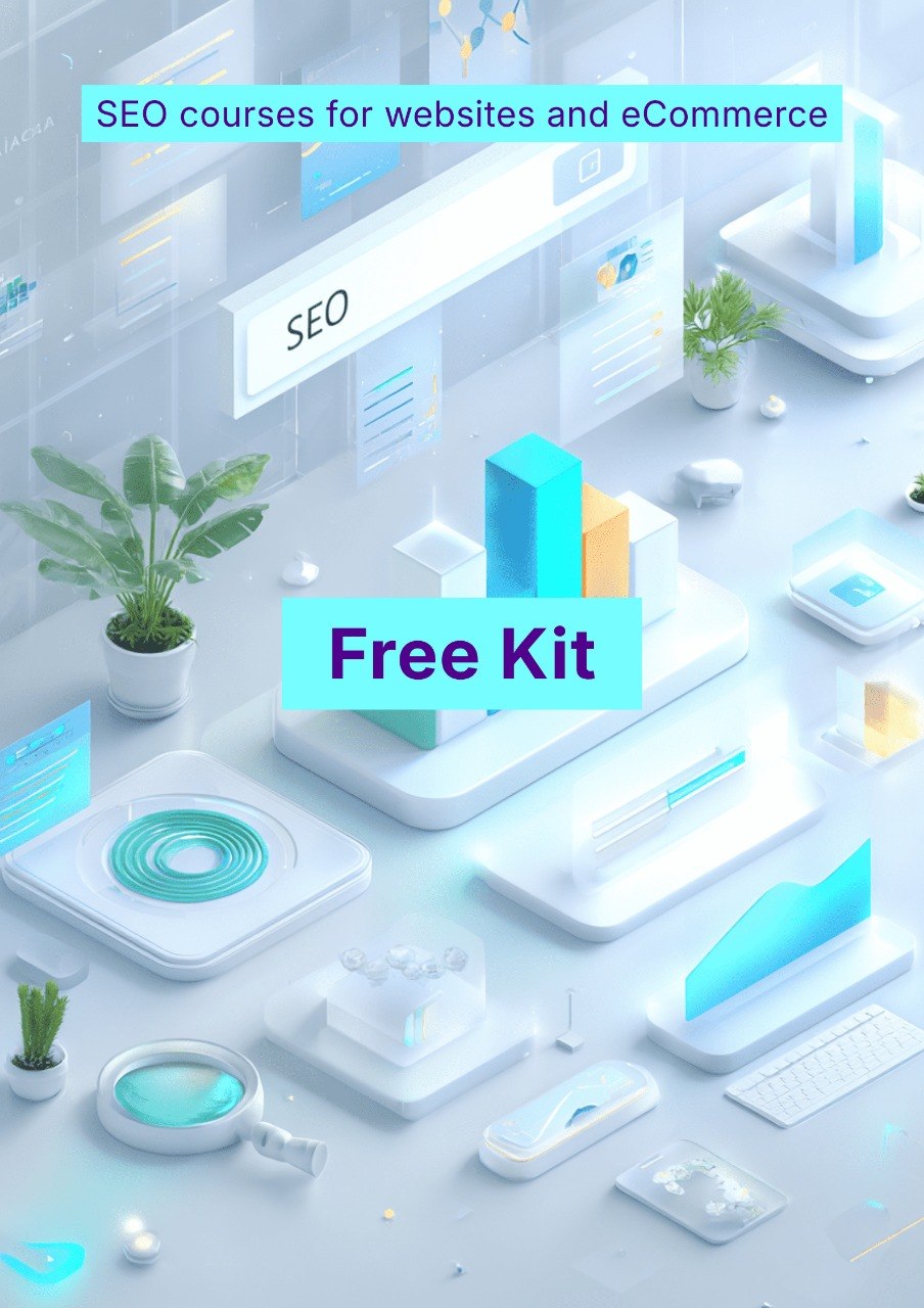 Promotional graphic for SEO courses and free kit with digital elements and plants on a light background.