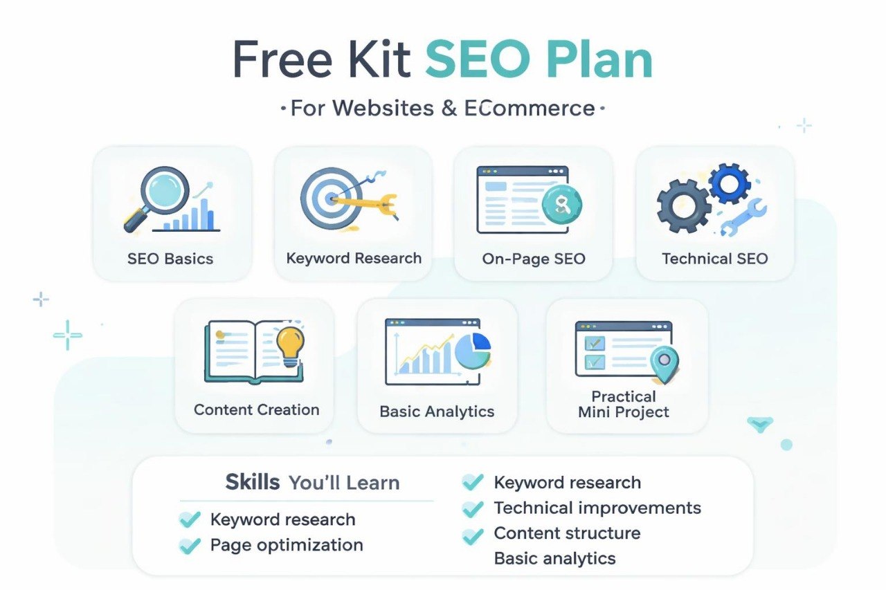 Free SEO kit plan for websites and e-commerce with icons and text on a white background