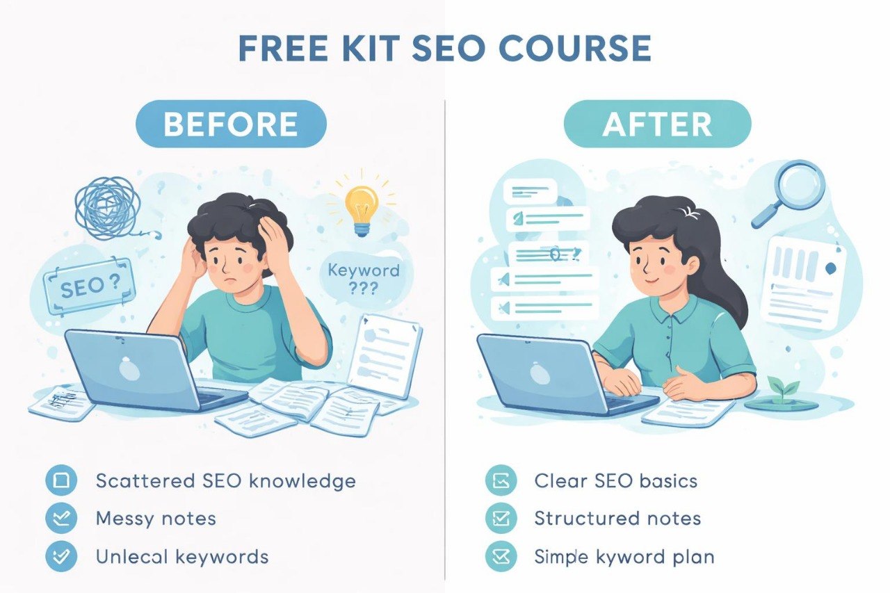 Before and after comparison of SEO knowledge with a free kit course.