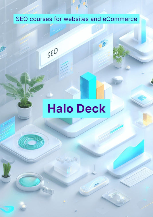 Halo Deck advertisement for SEO courses on websites and eCommerce with futuristic interface design.