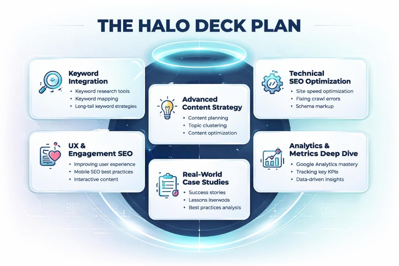 Diagram of 'The Halo Deck Plan' with various SEO strategies on a blue background