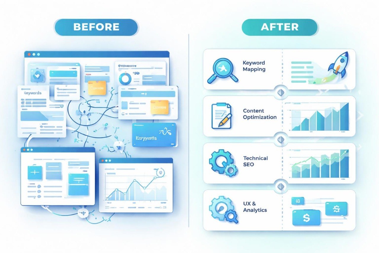 Before and after comparison of SEO process steps on a white background