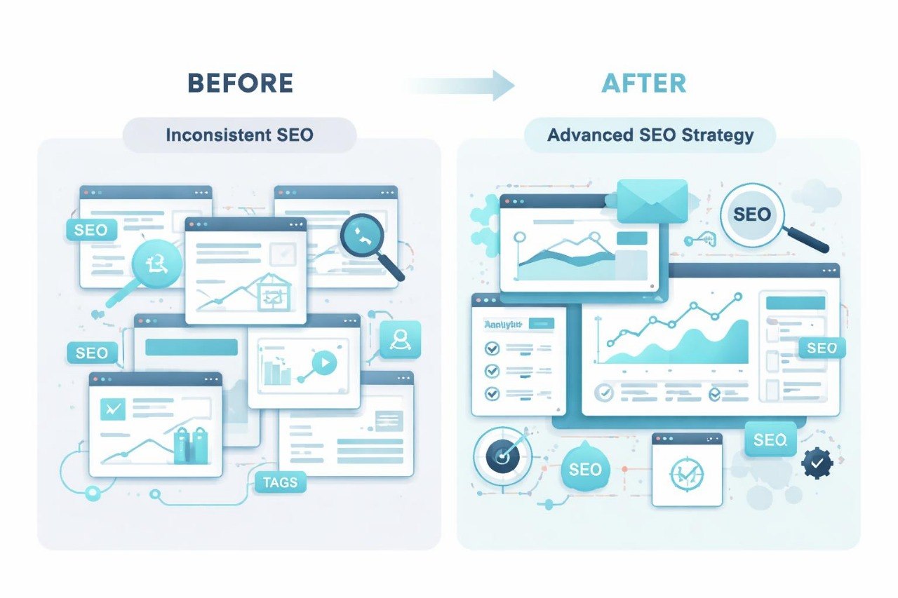 Comparison of inconsistent SEO on the left and advanced SEO strategy on the right.