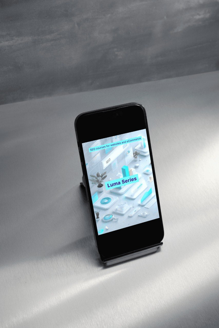 Smartphone displaying a digital product on a stand with a minimal background