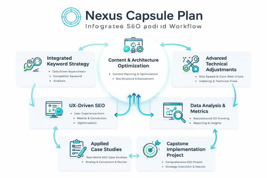 Nexus Capsule Plan diagram with SEO workflow steps on a white background