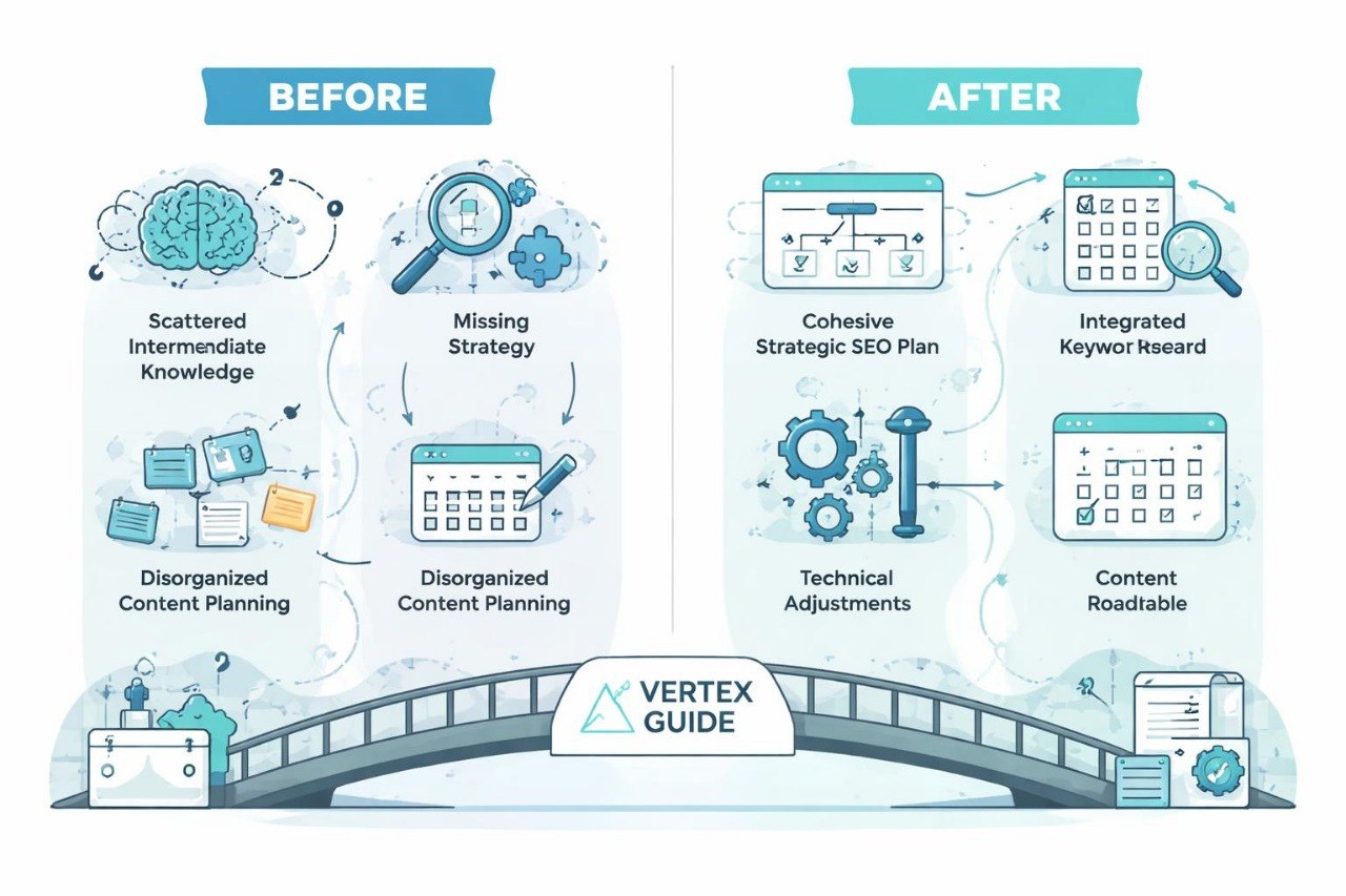 Before and after comparison of a strategic SEO plan with Vertex Guide branding.