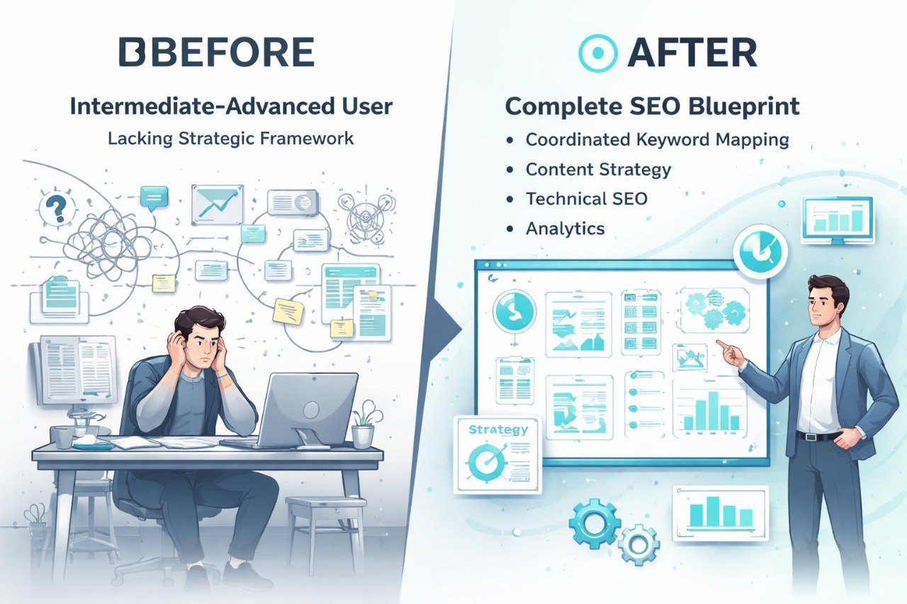 Before and after comparison of an intermediate-advanced user lacking a strategic framework to a complete SEO blueprint.