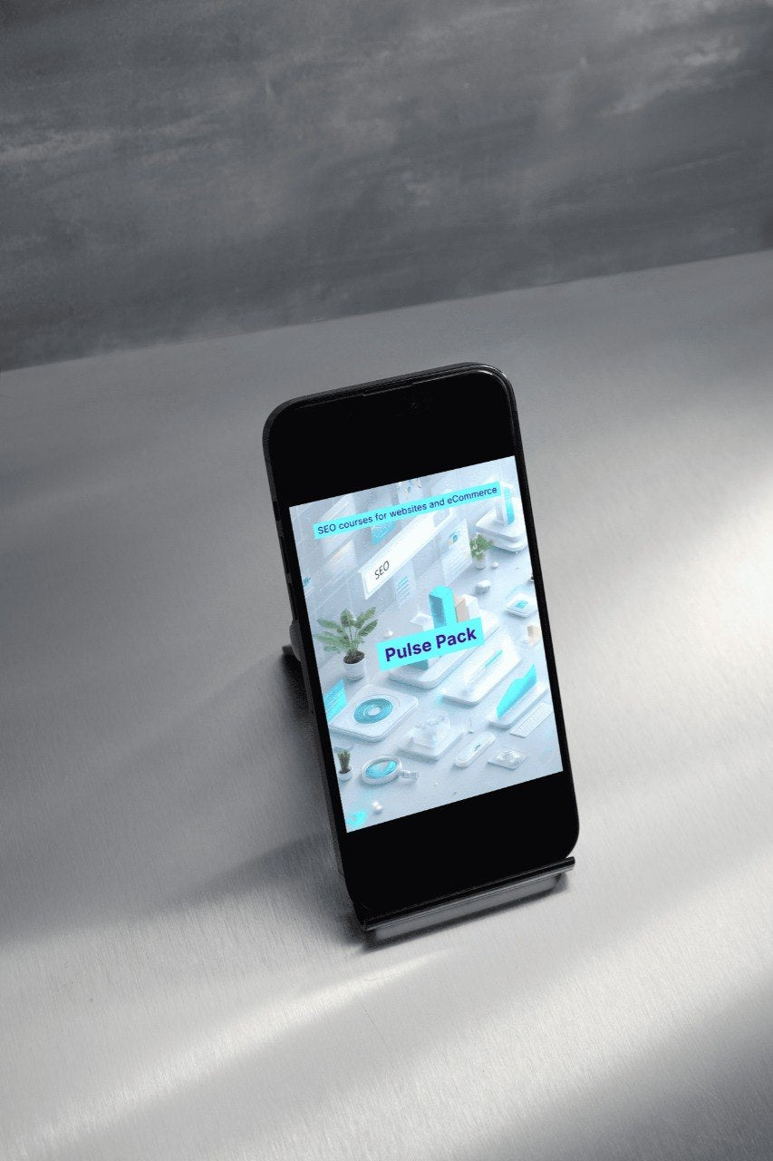 Smartphone displaying a digital product on a stand with a minimal background