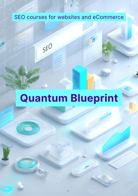 Quantum Blueprint SEO courses for websites and eCommerce with a futuristic office design.