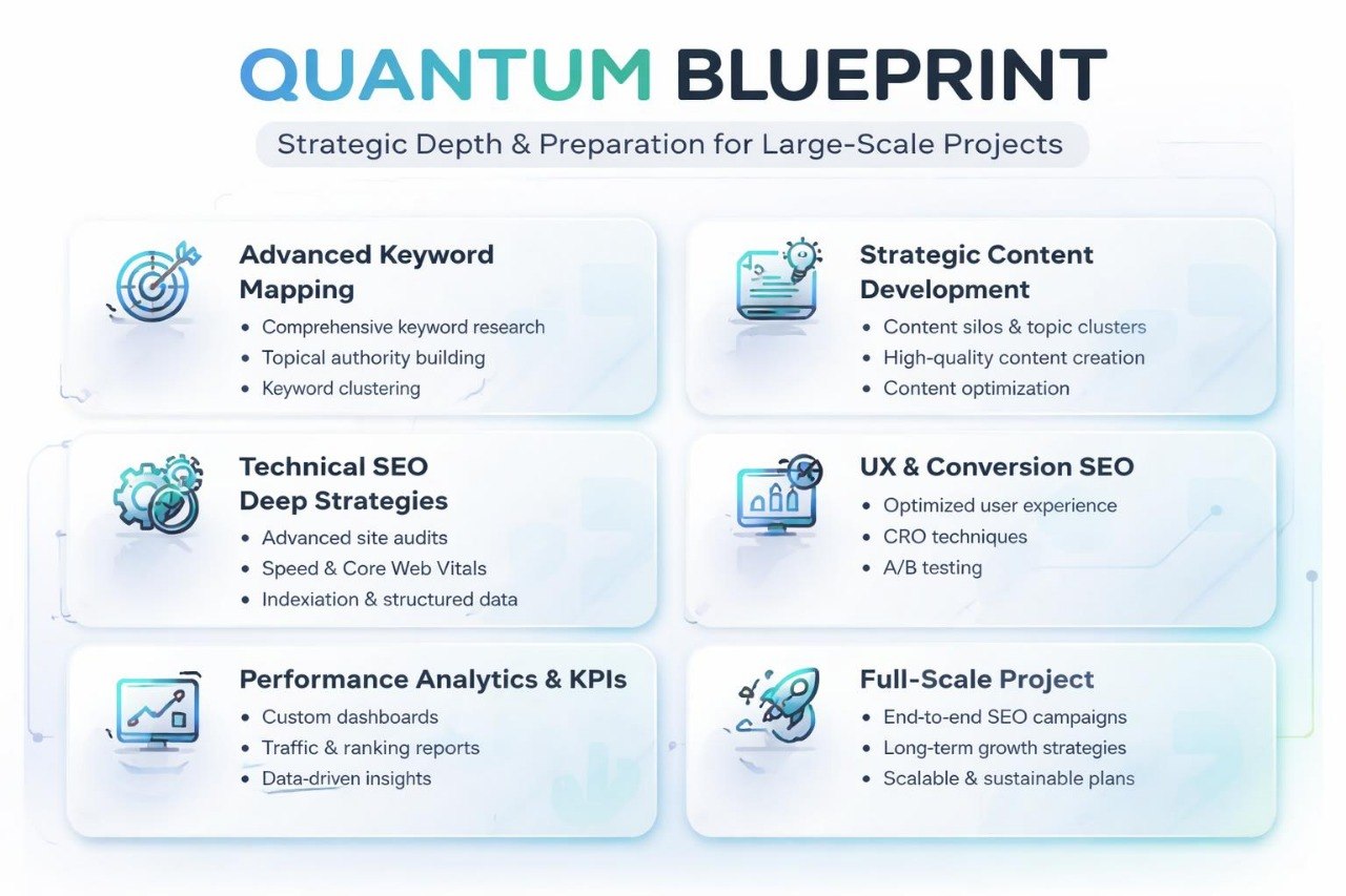 Quantum Blueprint for large-scale projects with various SEO strategies on a white background