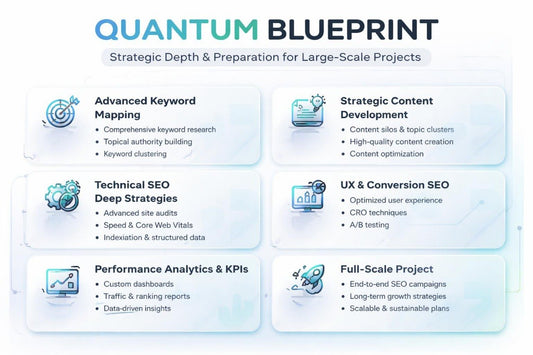 Quantum Blueprint for large-scale projects with various SEO strategies on a white background
