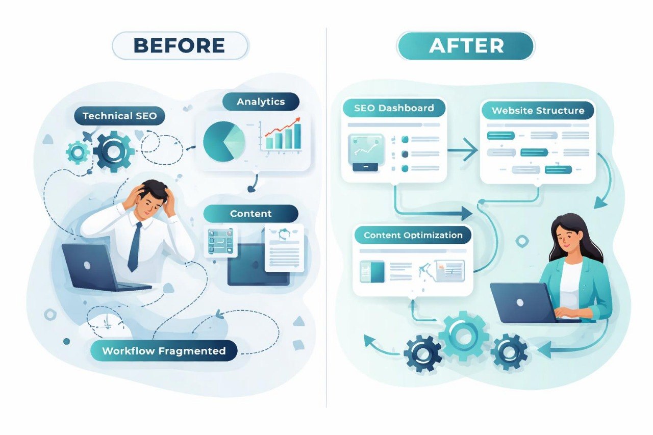 Before and after comparison of workflow optimization with a person and a woman using laptops.