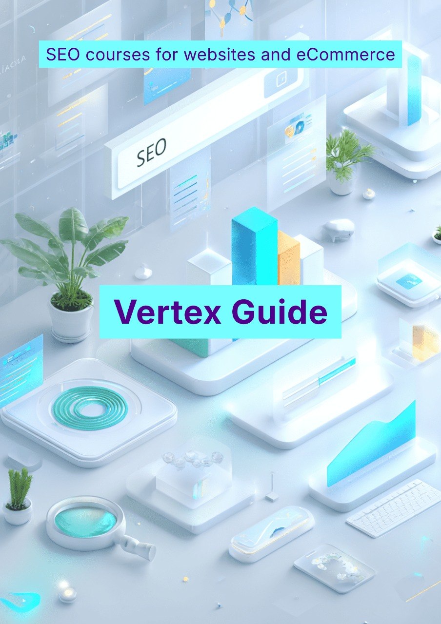 Digital illustration of a modern office with 'SEO' elements and 'Vertex Guide' branding.