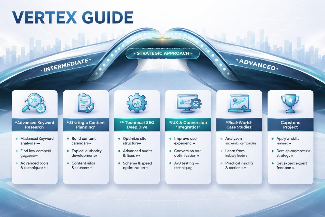 Vertex Guide educational program structure with various modules on a blue background