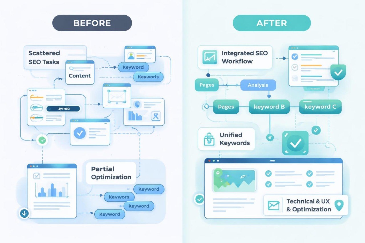 Before and after comparison of SEO workflow optimization on a light blue background