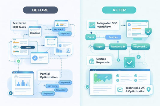 Before and after comparison of SEO workflow optimization on a light blue background
